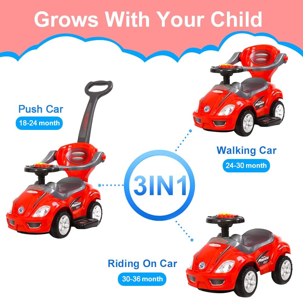 Ride on 3 in 1 Push Car for Toddlers with Guardrail, Parental Handle, Music & Horn - Red
