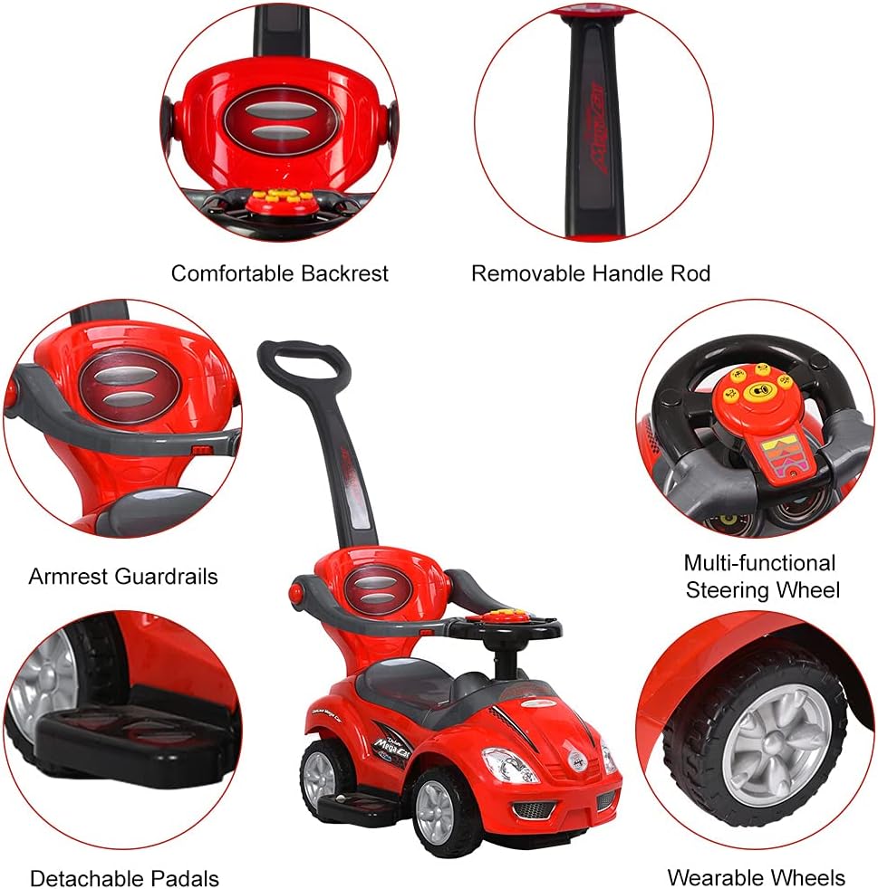 Ride on 3 in 1 Push Car for Toddlers with Guardrail, Parental Handle, Music & Horn - Red