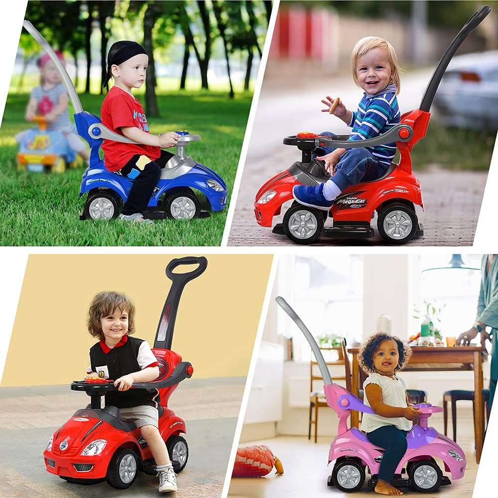 Ride on 3 in 1 Push Car for Toddlers with Guardrail, Parental Handle, Music & Horn - Red