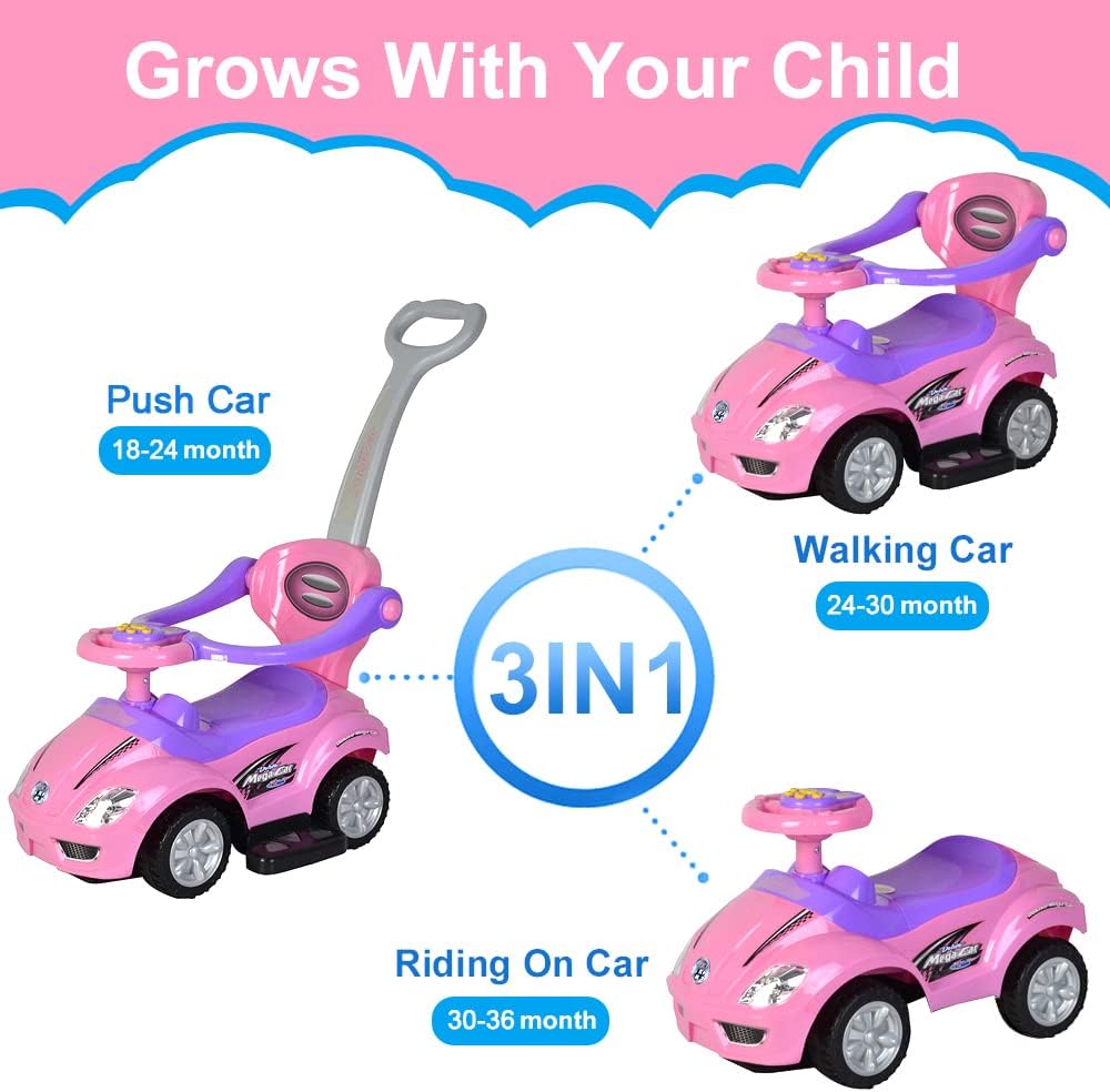 Ride on 3 in 1 Push Car for Toddlers with Guardrail, Parental Handle, Music & Horn - Pink