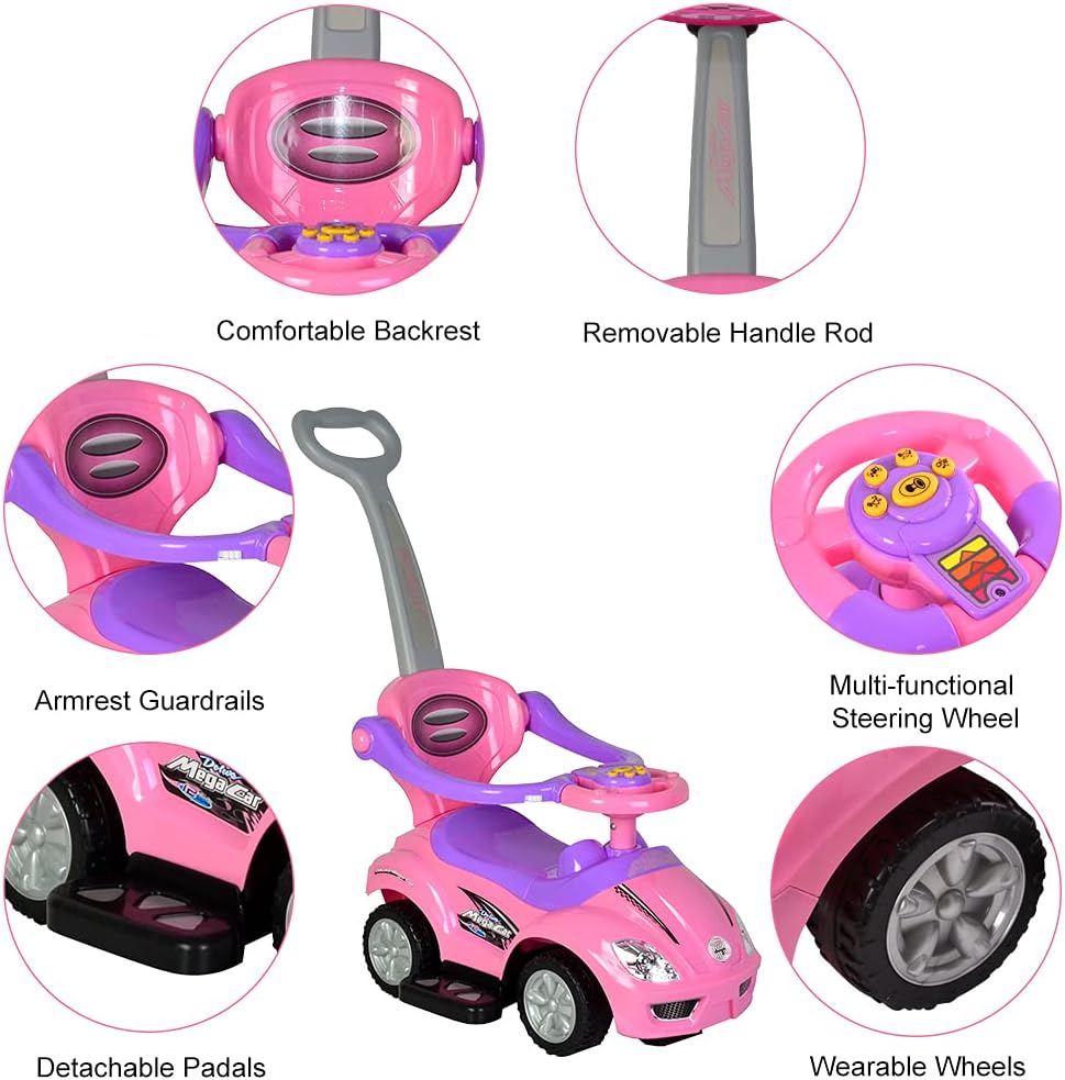 Ride on 3 in 1 Push Car for Toddlers with Guardrail, Parental Handle, Music & Horn - Pink