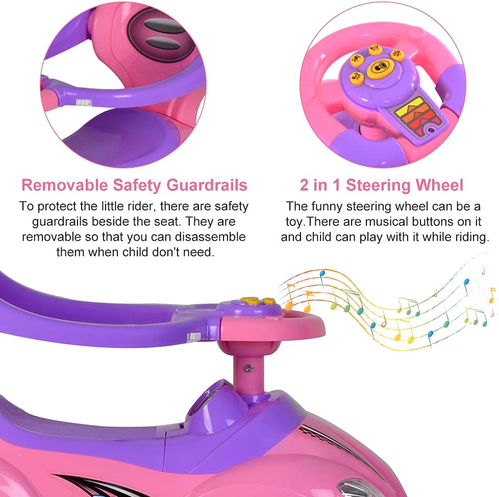 Ride on 3 in 1 Push Car for Toddlers with Guardrail, Parental Handle, Music & Horn - Pink