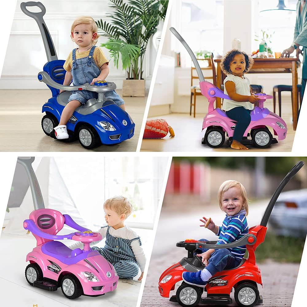 Ride on 3 in 1 Push Car for Toddlers with Guardrail, Parental Handle, Music & Horn - Pink