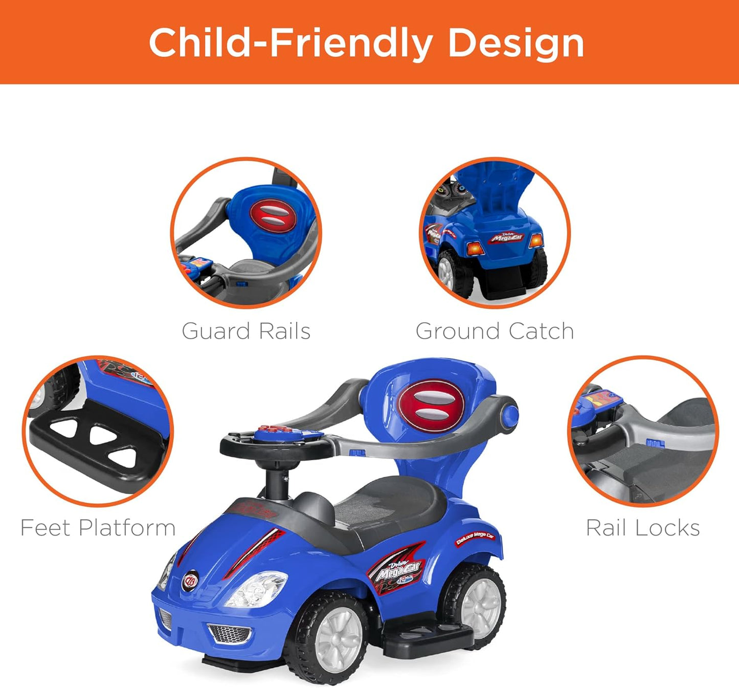 Ride on 3 in 1 Push Car for Toddlers with Guardrail, Parental Handle, Music & Horn - Blue