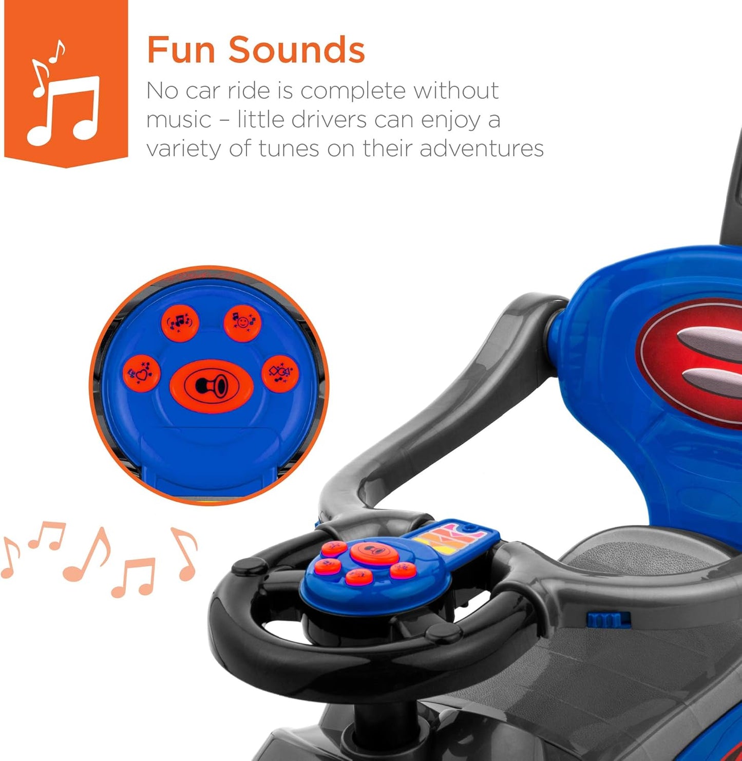 Ride on 3 in 1 Push Car for Toddlers with Guardrail, Parental Handle, Music & Horn - Blue