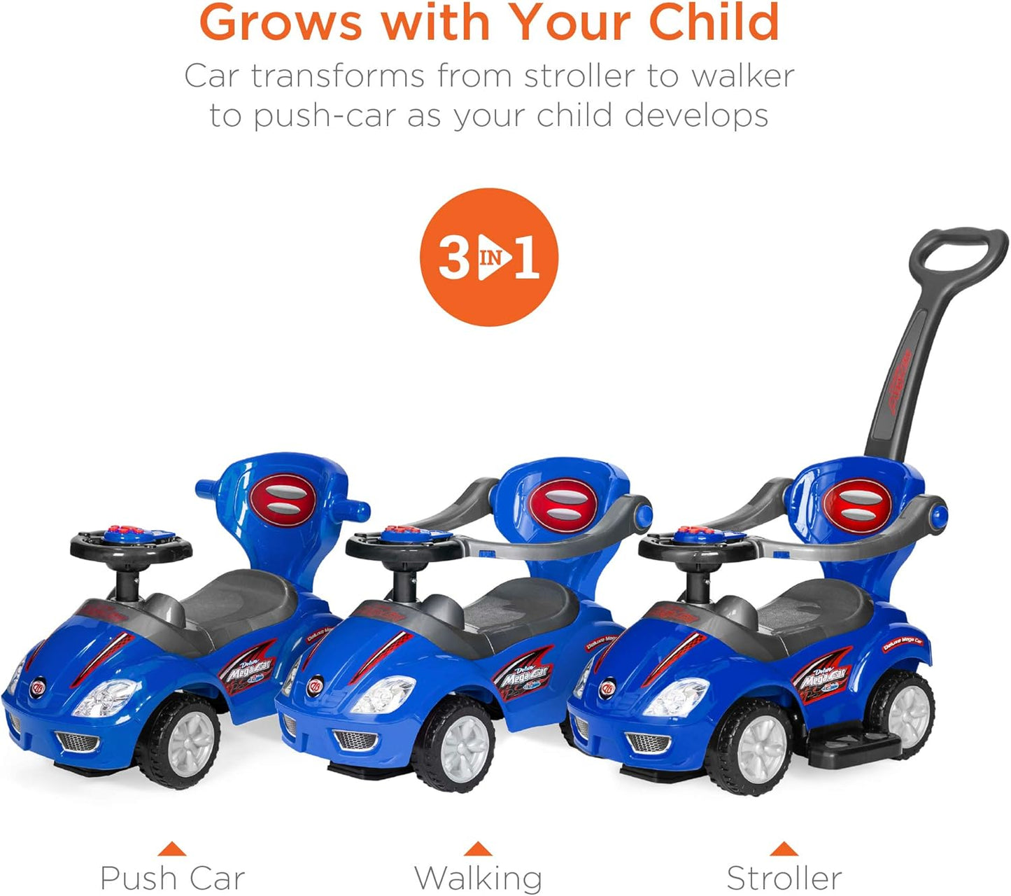 Ride on 3 in 1 Push Car for Toddlers with Guardrail, Parental Handle, Music & Horn - Blue