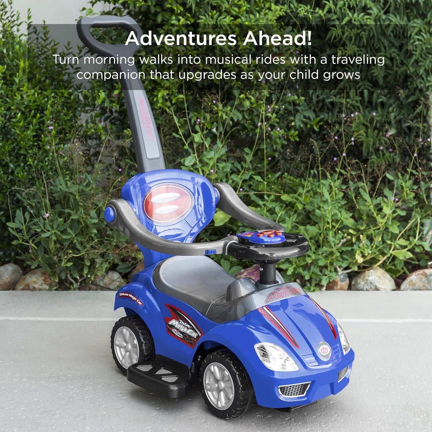 Ride on 3 in 1 Push Car for Toddlers with Guardrail, Parental Handle, Music & Horn - Blue