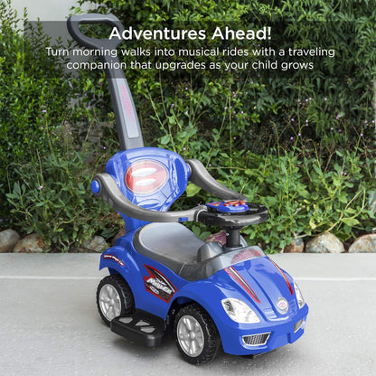 Ride on 3 in 1 Push Car for Toddlers with Guardrail, Parental Handle, Music & Horn - Blue