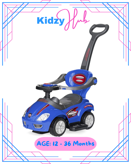 Ride on 3 in 1 Push Car for Toddlers with Guardrail, Parental Handle, Music & Horn - Blue