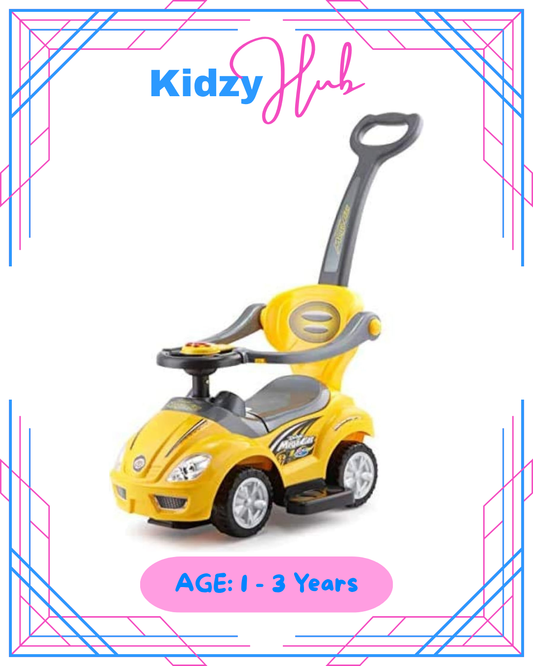 Ride on 3 in 1 Push Car for Toddlers with Guardrail, Parental Handle, Music & Horn - Yellow