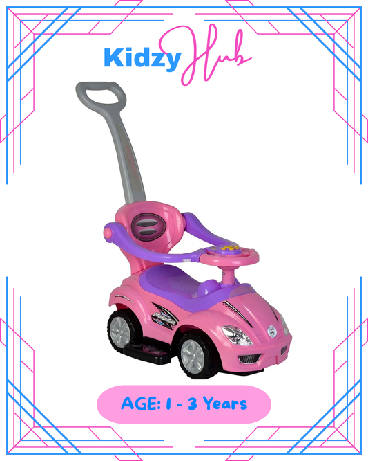 Ride on 3 in 1 Push Car  for Toddlers with Guardrail, Parental Handle, Music & Horn - Pink