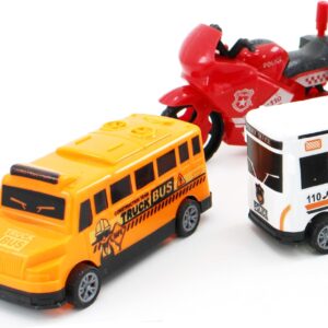 Exciting 6-Piece Mini Vehicle Set: Passenger Buses, Vans and Police Bikes for Kids - Image 3