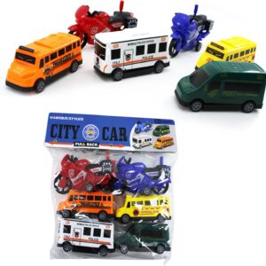 Exciting 6-Piece Mini Vehicle Set: Passenger Buses, Vans and Police Bikes for Kids - Image 4