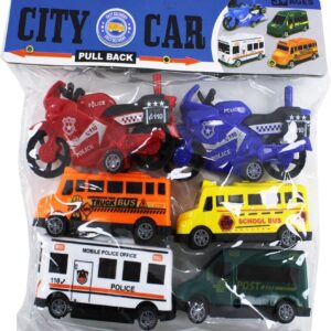 Exciting 6-Piece Mini Vehicle Set: Passenger Buses, Vans and Police Bikes for Kids - Image 5